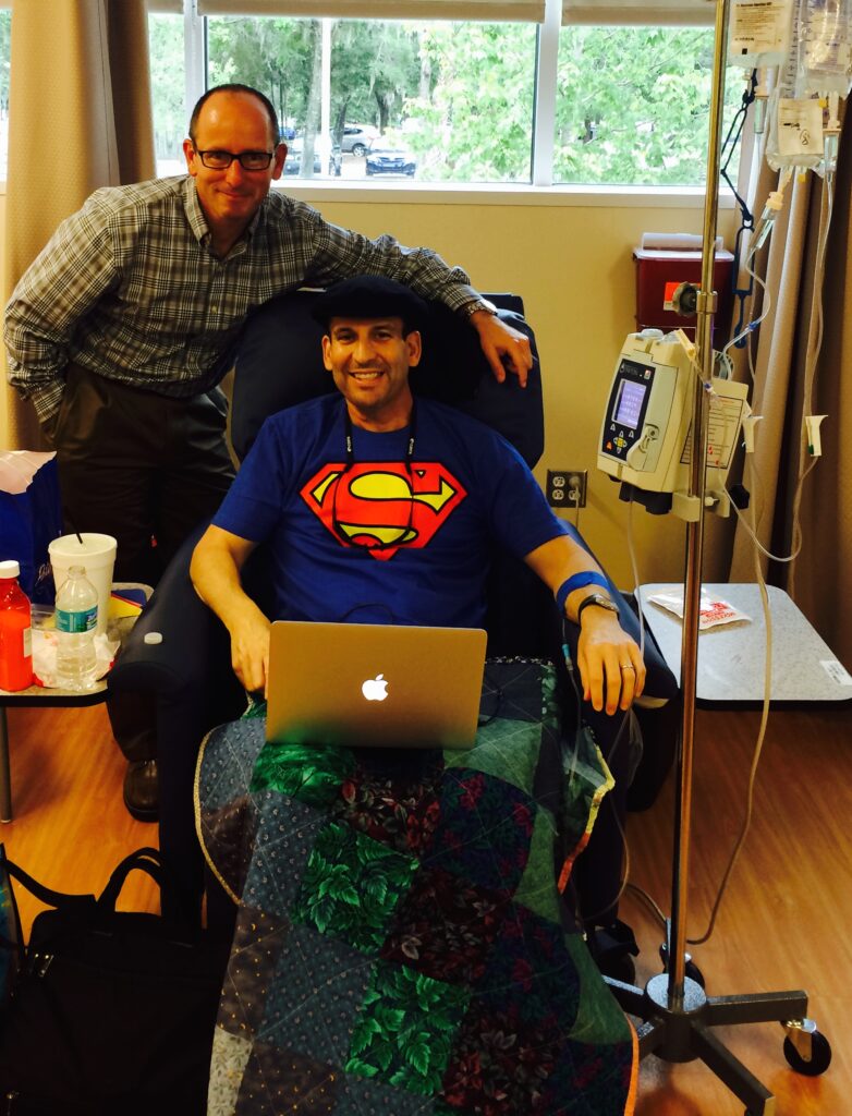 Jason Mendelsohn wearing Superman shirt while in hospital